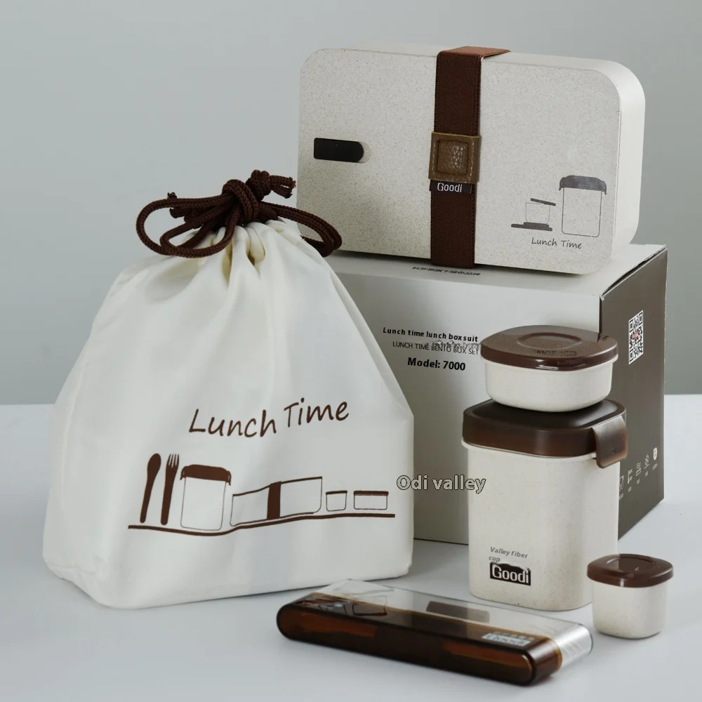 Healthy Rice Fiber Wheat Straw Bento Lunch Box Microwaveable Grids Student Lunch Container Personalized Gift Suit