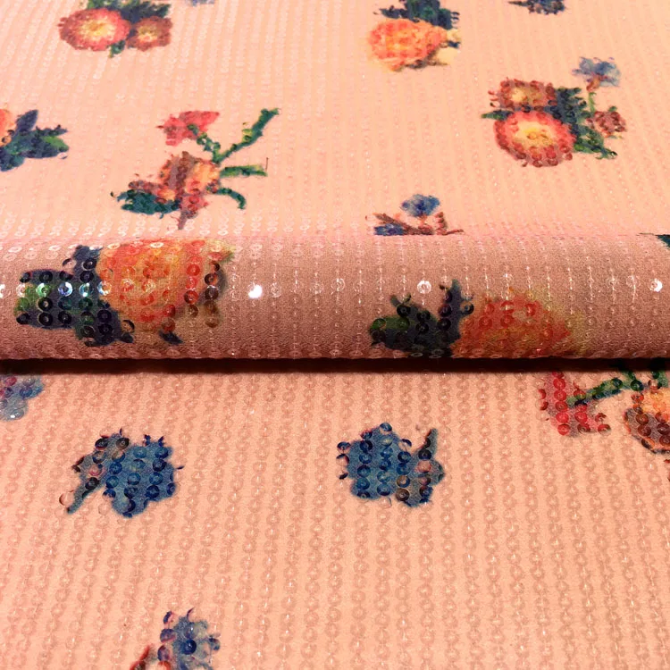 
3mm full repeat printing orange embroidery poly mesh ground transparent sequins fabric for ladies frock design 