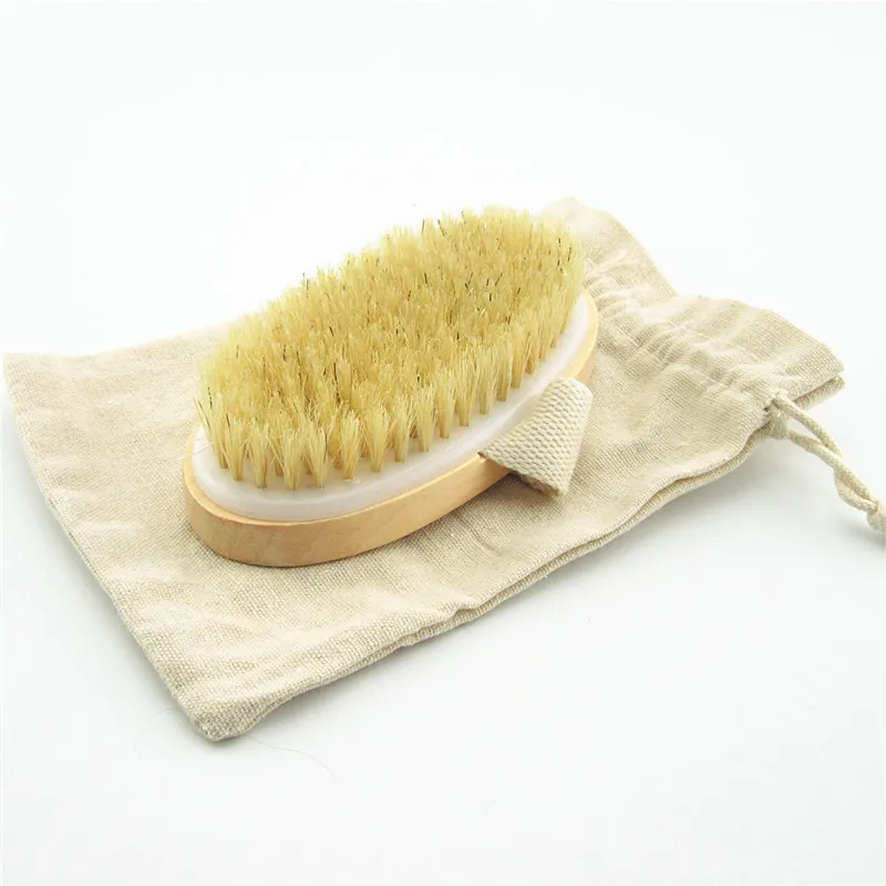 Bath Brush Dry Skin Soft Natural Wood shower Bristle SPA Body Brush Body Sponge and Scrubbers with cotton bag