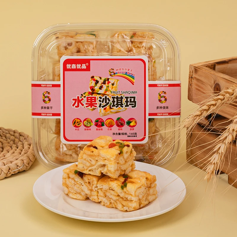 Healthy Foods Snack Tradition Chinese New Year Snacks Egg Sachima Dried Meat Floss/Fruit Flavor Sachima Wholesale