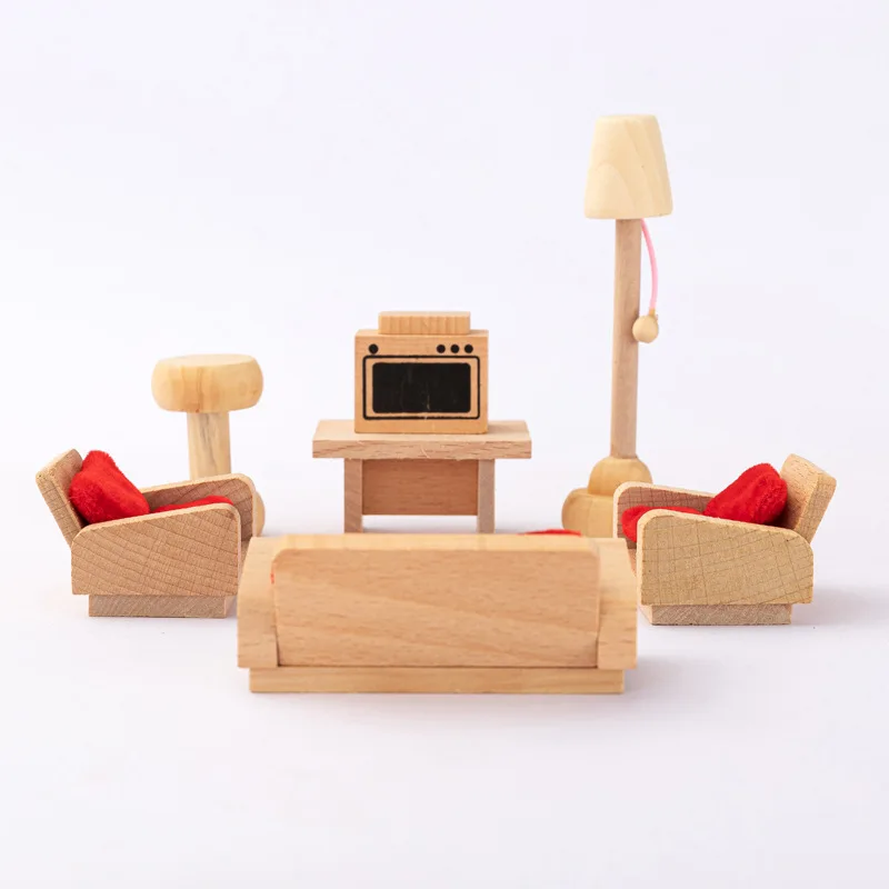 hot sale high quality 4 scene wooden doll house furniture accessories natural solid wood furniture toys