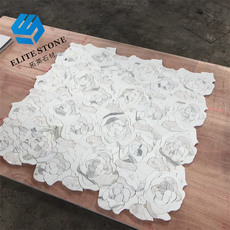waterjet cut white marble mosaic tiles flower pattern stone mosaic for bathroom wall design