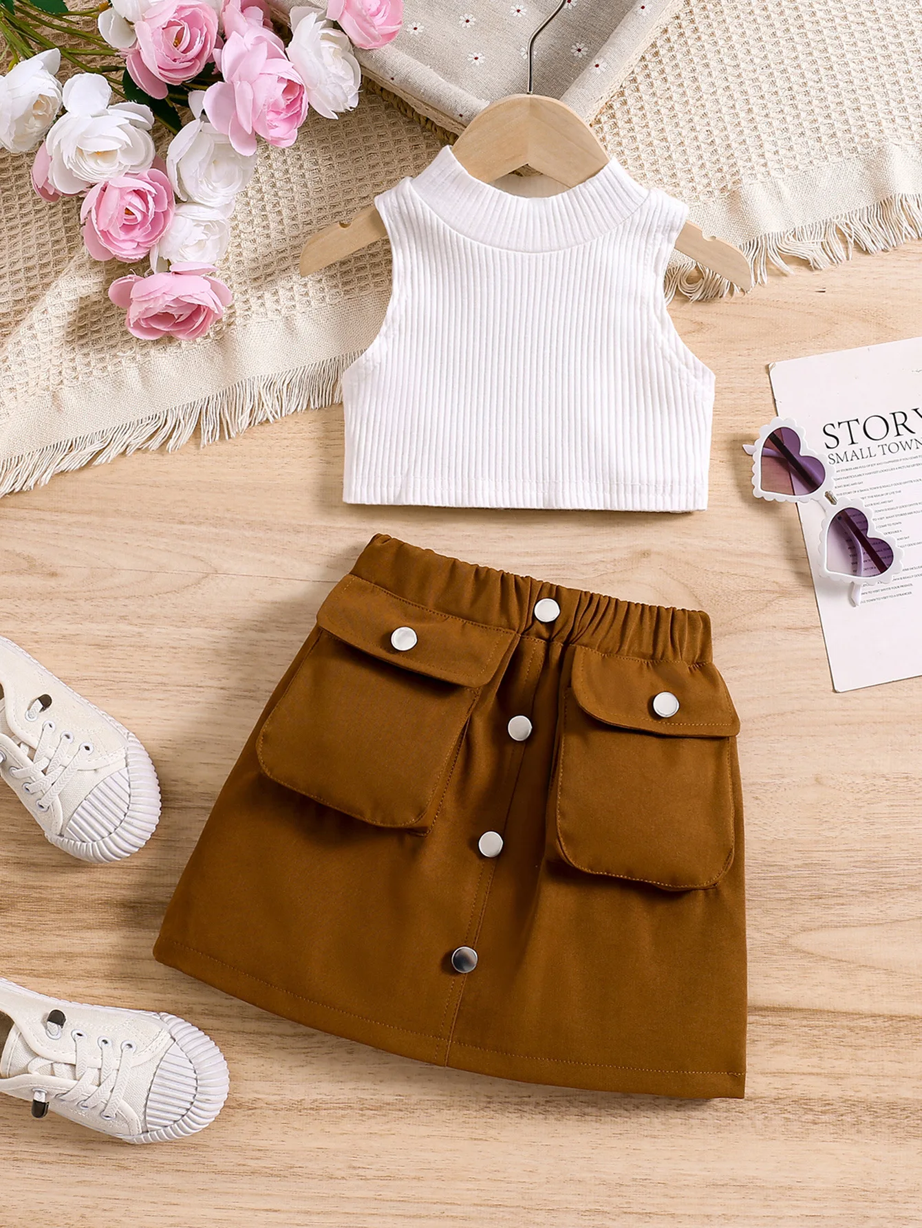 Cross-Border Spring Summer Girls Clothing Set High Collar Pullover Organ Bag Multi-Button Rubber Skirt Solid Color Two-Piece Set