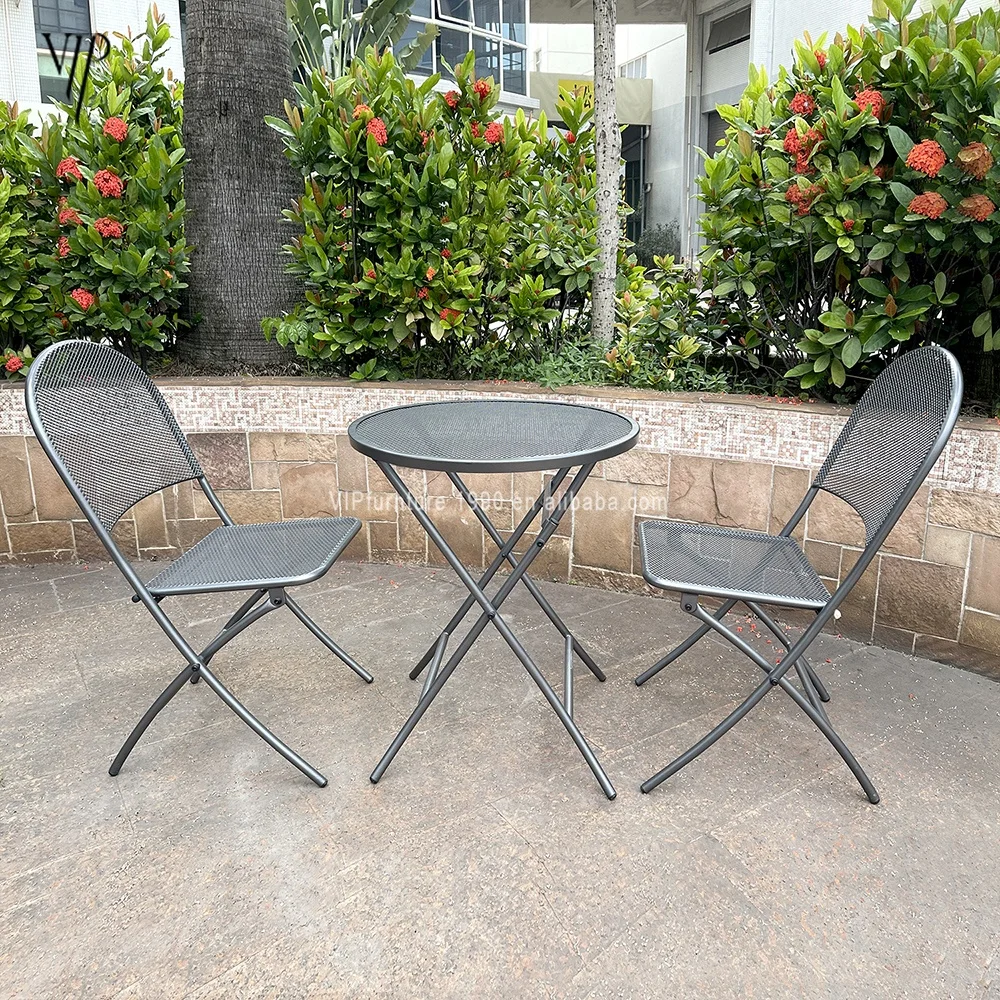 
Garden Patio steel Mesh Patio Furniture Bistro wrought iron folding table and Chairs for coffee shop 