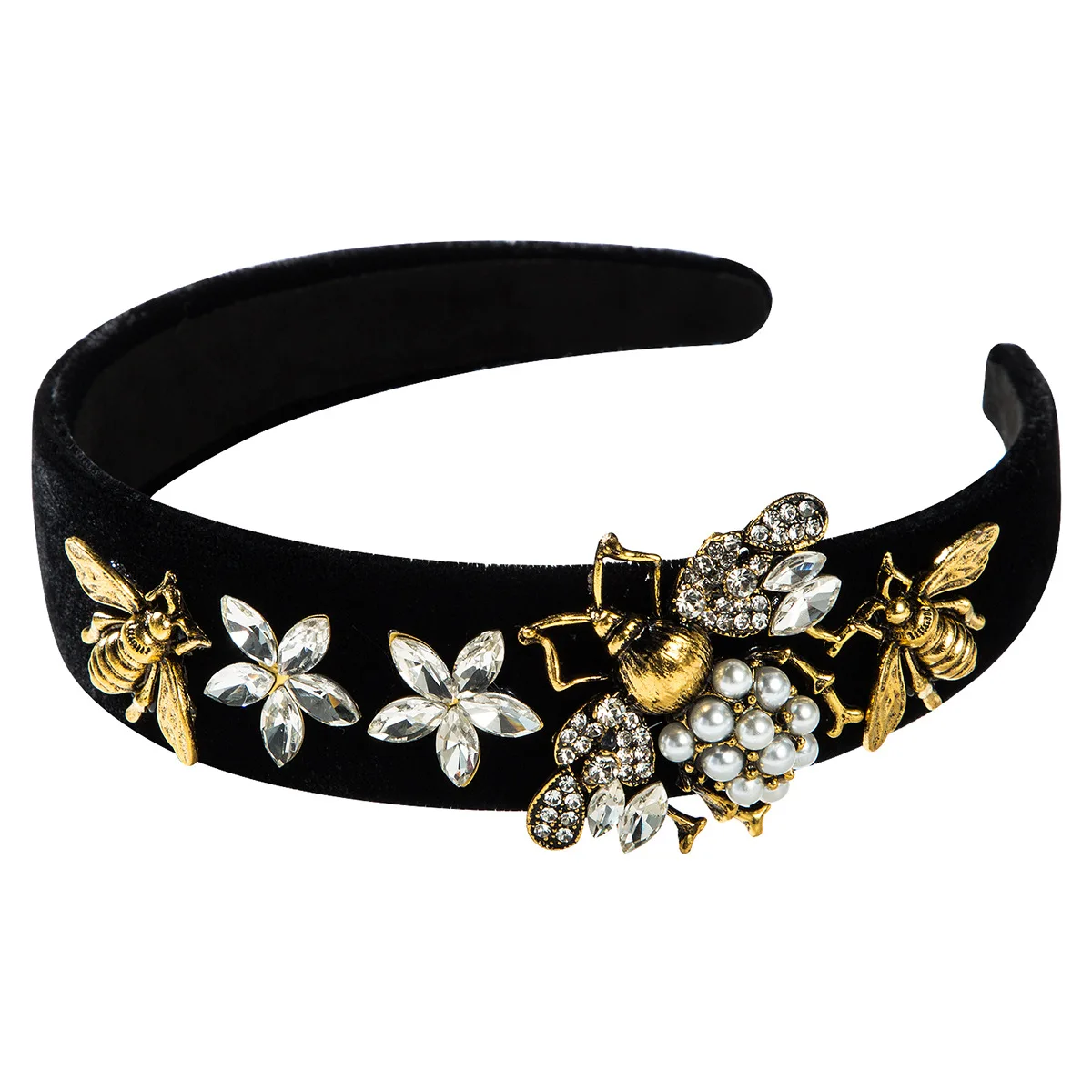 Autumn Winter Retro Palace Baroque Rhinestone Pearl Gold Velvet Women Headband Zircon Alloy Bee Hair Accessories For Girl