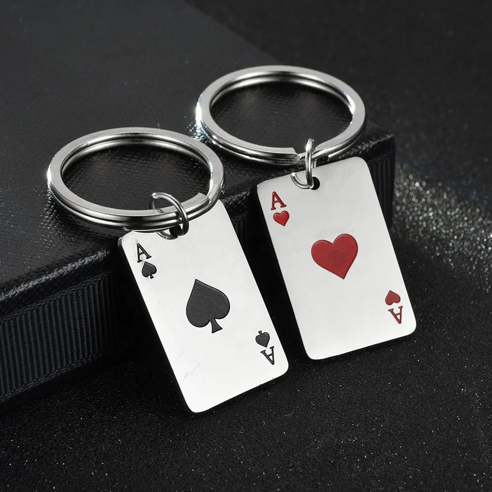 Wholesale Silver Plated Stainless Steel Square Poker Card Pendant Lucky Spades Heart Ace Keychain For Key Charms
