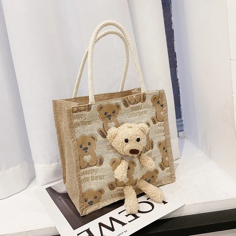Custom Eco-Friendly Jute Gunny Shopping Tote Bags With Cute Bear Doll And Logo