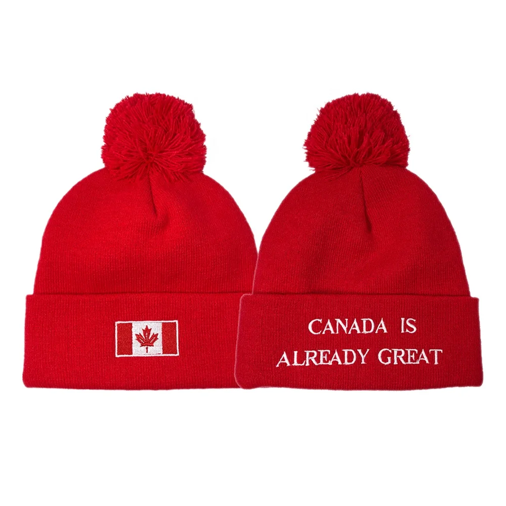 OEM popular classic fashion acrylic red colorful unisex pompom warm winter knit hat custom embroidery logo design Canada toque