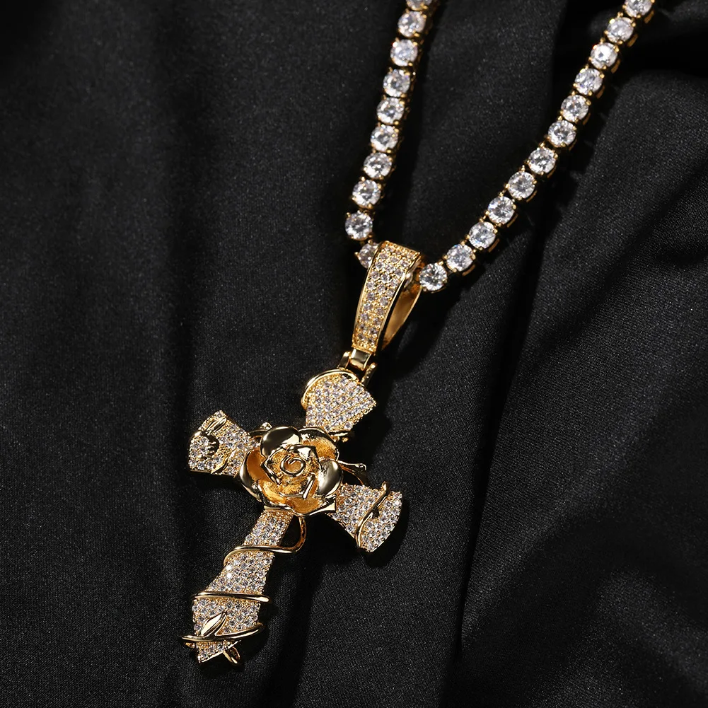 Hip Hop Fashion Jewelry Women Gold Plated CZ Cubic Zirconia Cross Charms Iced Out Bling Rose Cross Pendant Necklace