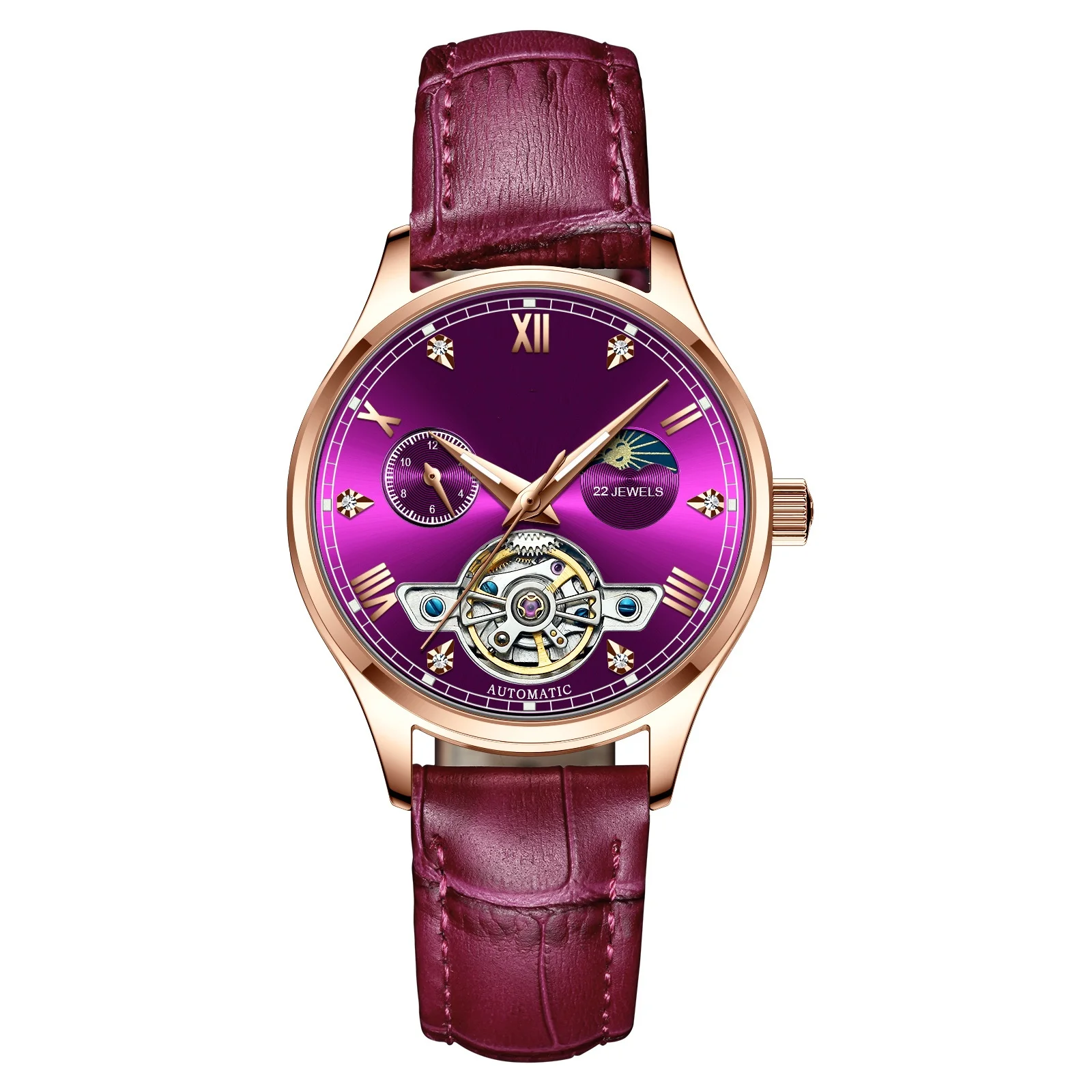 Tourbillon Automatic Mechanical Watch Diamond Rose Gold with Leather Luxury Luminous Hands Custom logo for Women