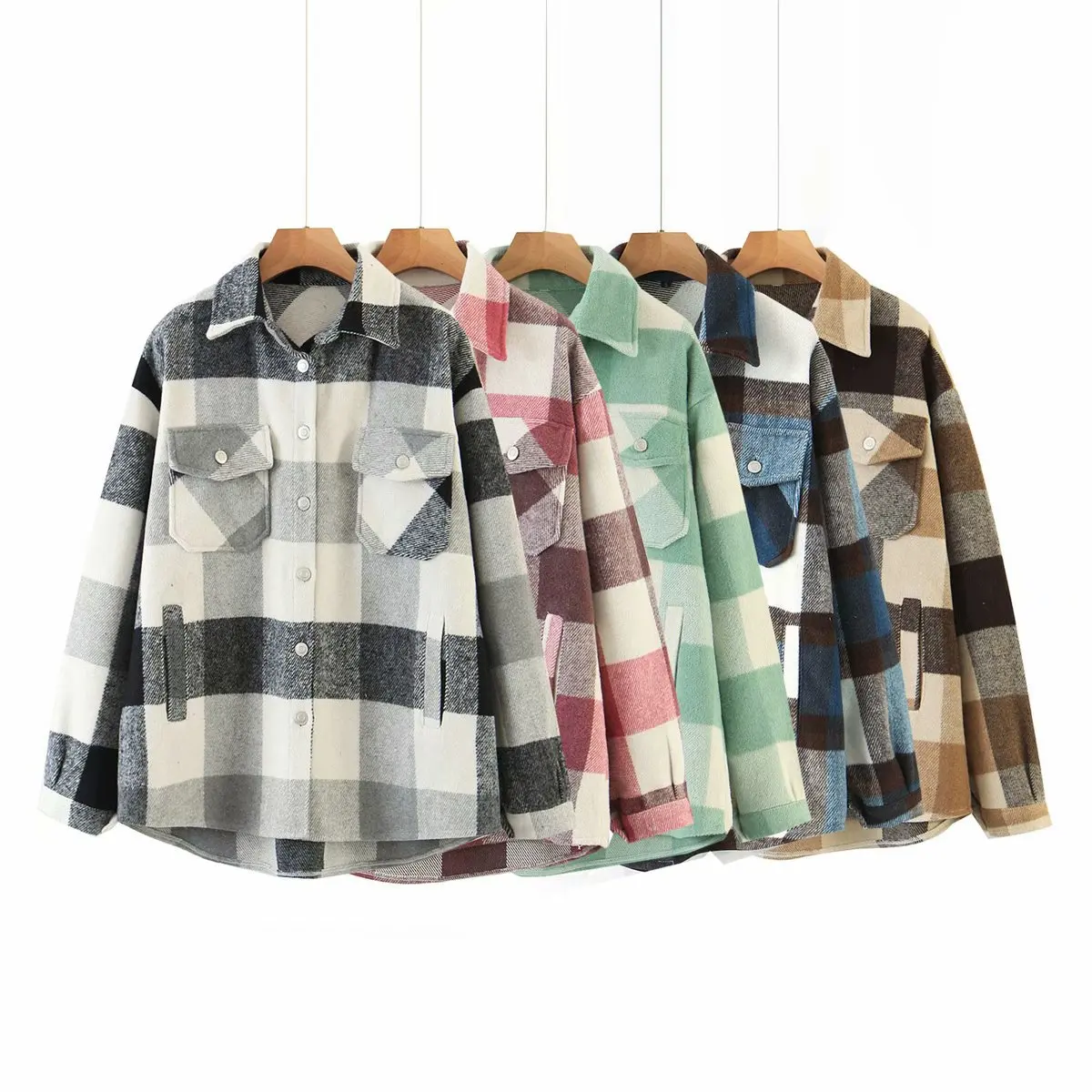Vintage Stylish Pockets Oversized Plaid Jacket Coat Women 2022 Fashion Turn Down Collar Long Sleeve Loose Outerwear Tops