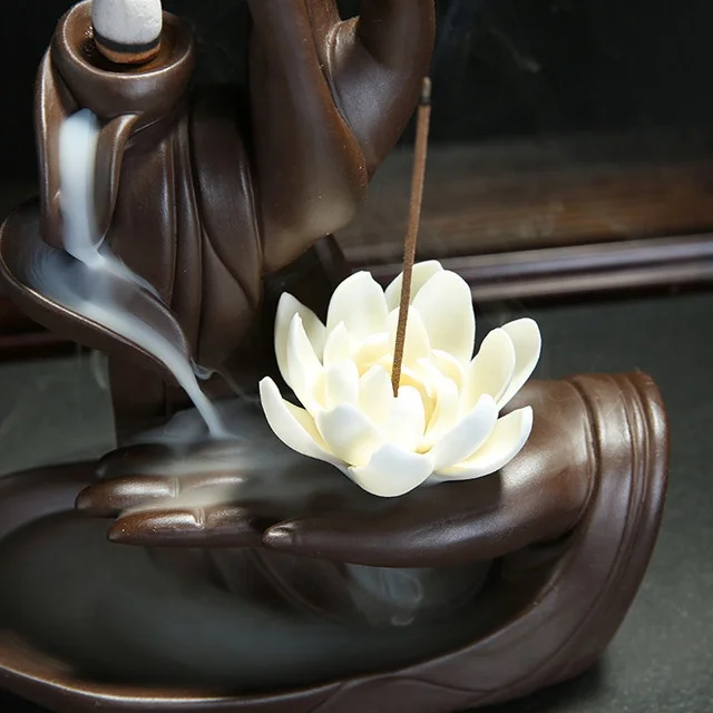New Arrivals Purple Sand Buddha Hand Incense Burner Flower Lotus Smoke Backflow Incense Censer Ceramic Incense Holder