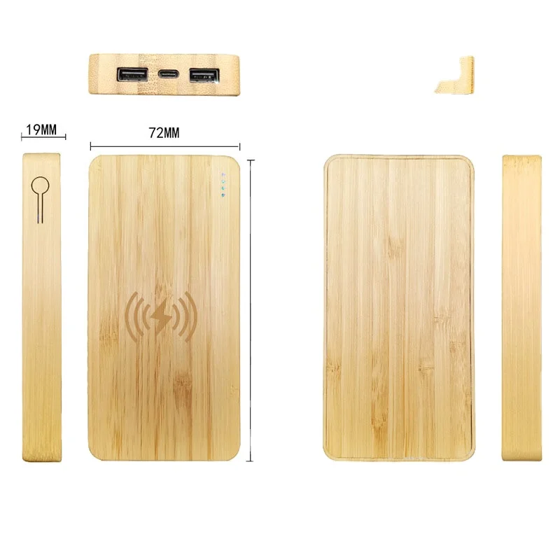 iStapromo Gifts New Arrival Thin Bamboo wood Wireless Charger Power Bank Supply with wooden Case 10000Mah mobile phone Charger