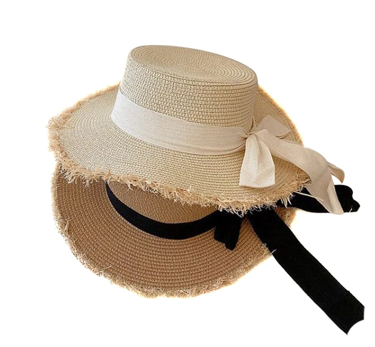 Womens Paper Straw Sun Hat Raffia Wide Brim Floppy Summer Beach Hats Frayed Hat