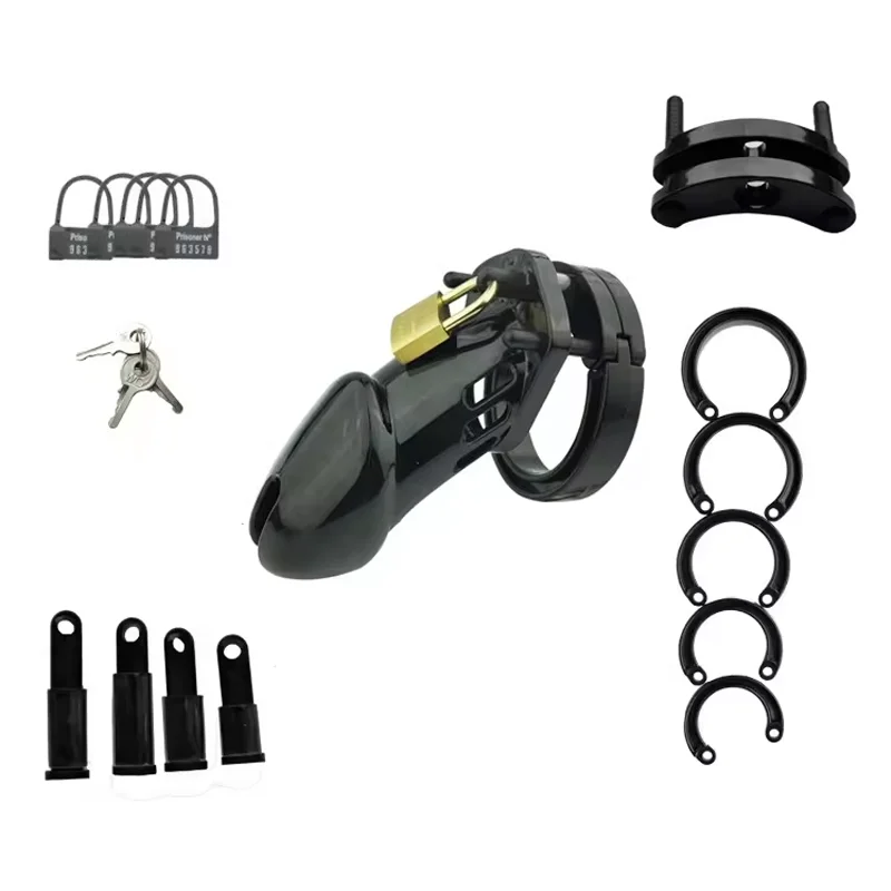 Resin Male Chastity Cock Cage Sleeve Lock Penis Cage With 5 Penis Cock Ring Bondage Sex Toy For Men