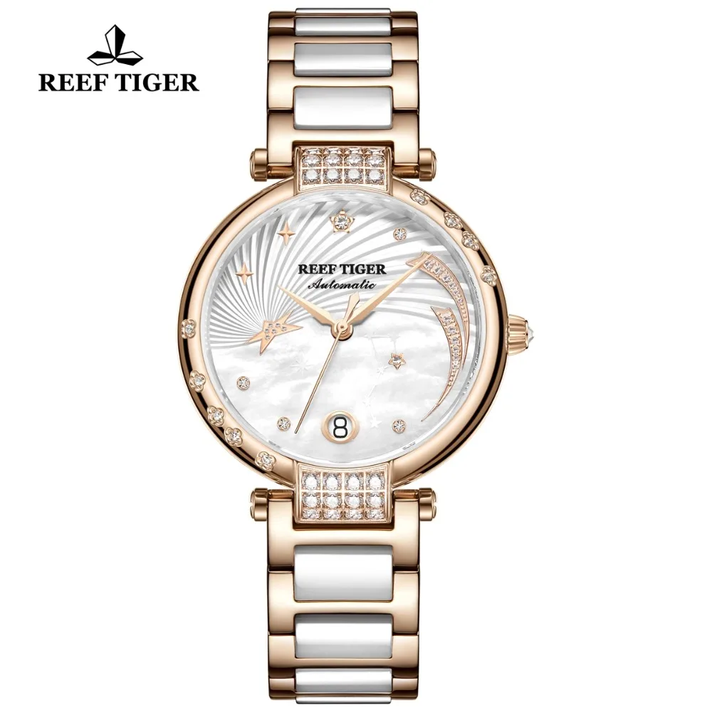 
Reef Tiger Top Brand Luxury Women Watch Ceramic Rose Gold Bracelet Diamond Automatic Mechanical Shell Watches Clock RGA1592 