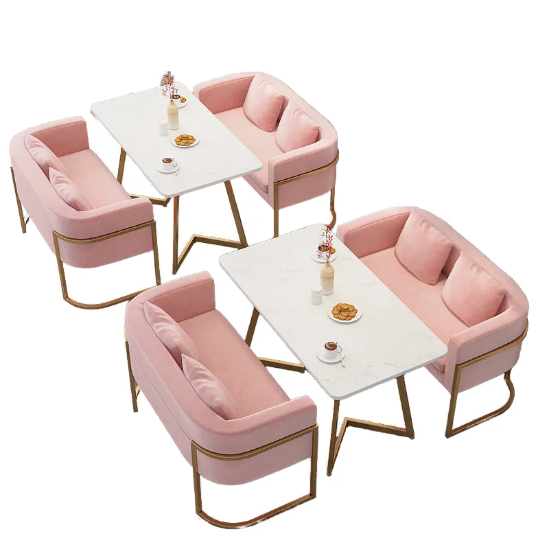 Modern commercial furniture gold coffee shop pink velvet dining tables and sofa couch chairs set for cafes and restaurants