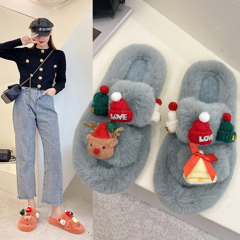 2022 new arrivals Double strap Cute reindeer bell navidad plus size fur ladies home slides Christmas slippers Women slipper