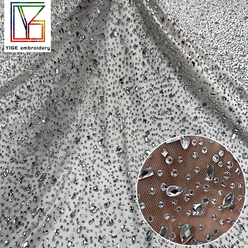 luxury crystal stones beaded fabric for wedding dress high quality swarovski rhinestone lace fabric white crystal lace fabric