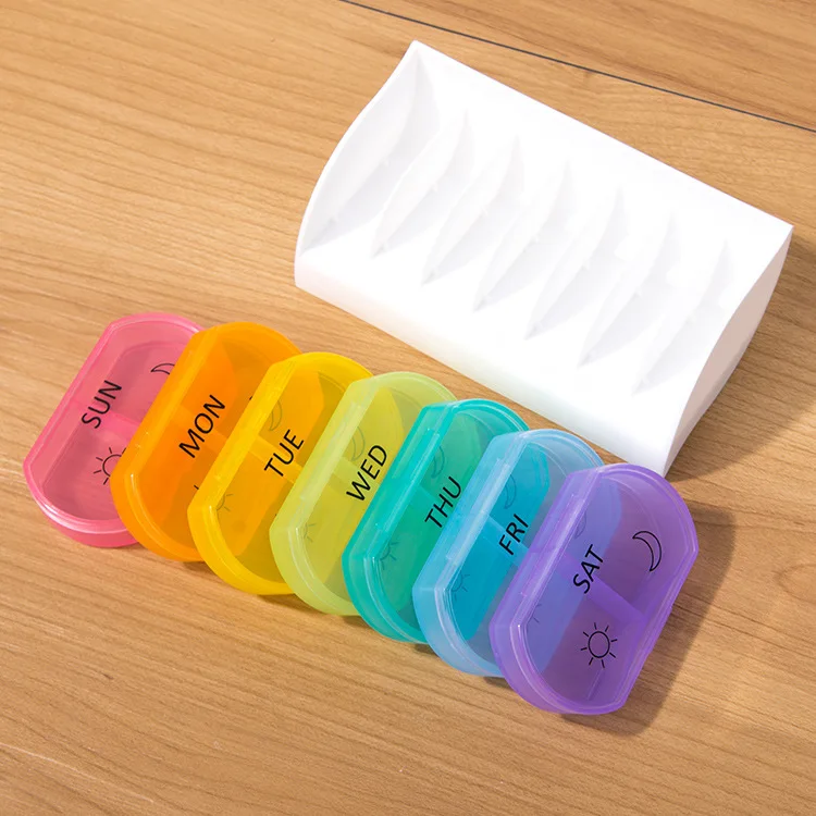 Custom 7 Days Weekly Rainbow Plastic Portable Travel Pill Storage Box / Tablet Box / Medicine Case Container
