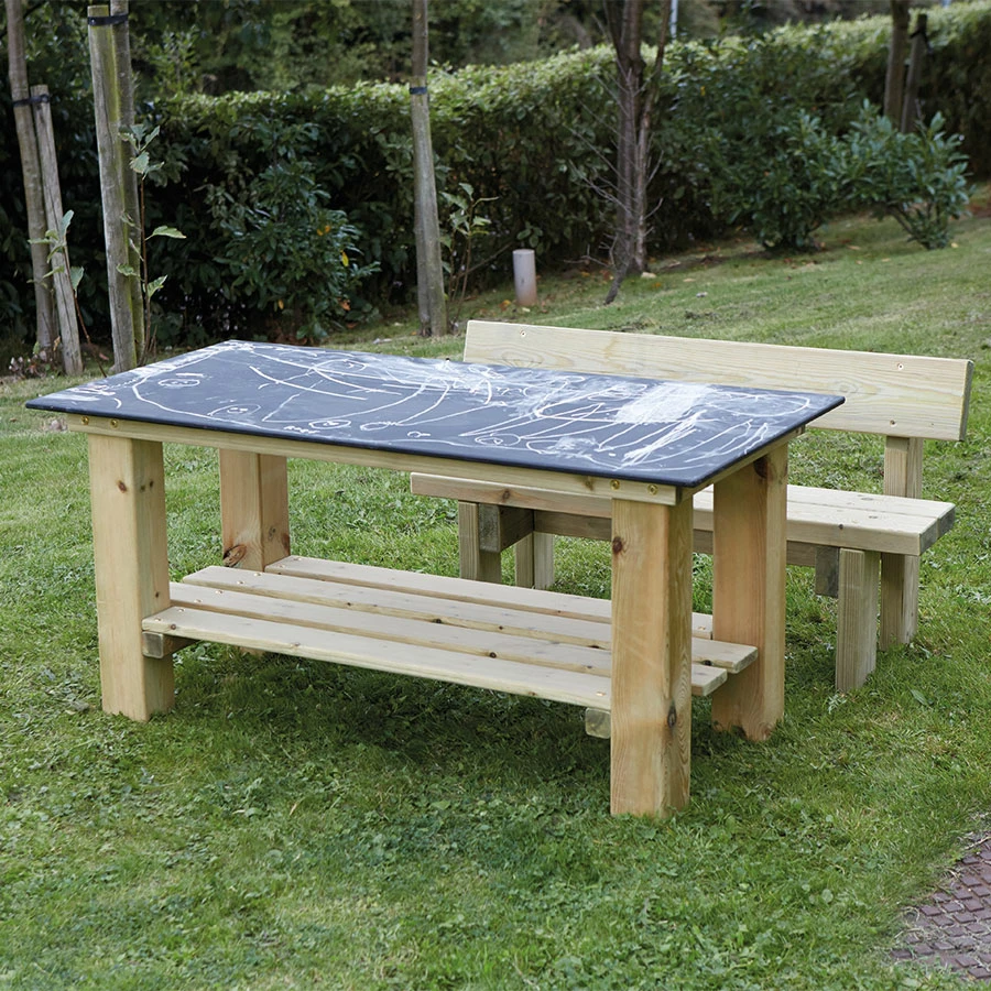 Early Education Kids Outdoor Play Equipment Wooden Toys Outdoor Rectangular Chalkboard Table and Benches