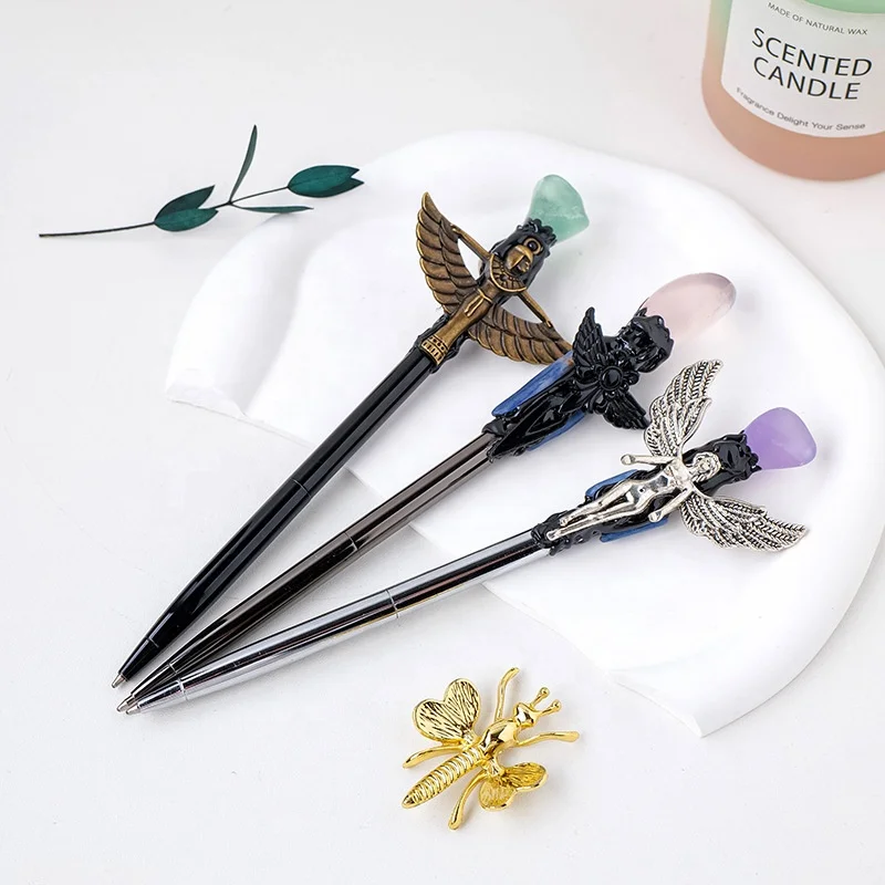 Wholesale natural gemstone amethyst crystal tumbled stones ballpoint pen for office student