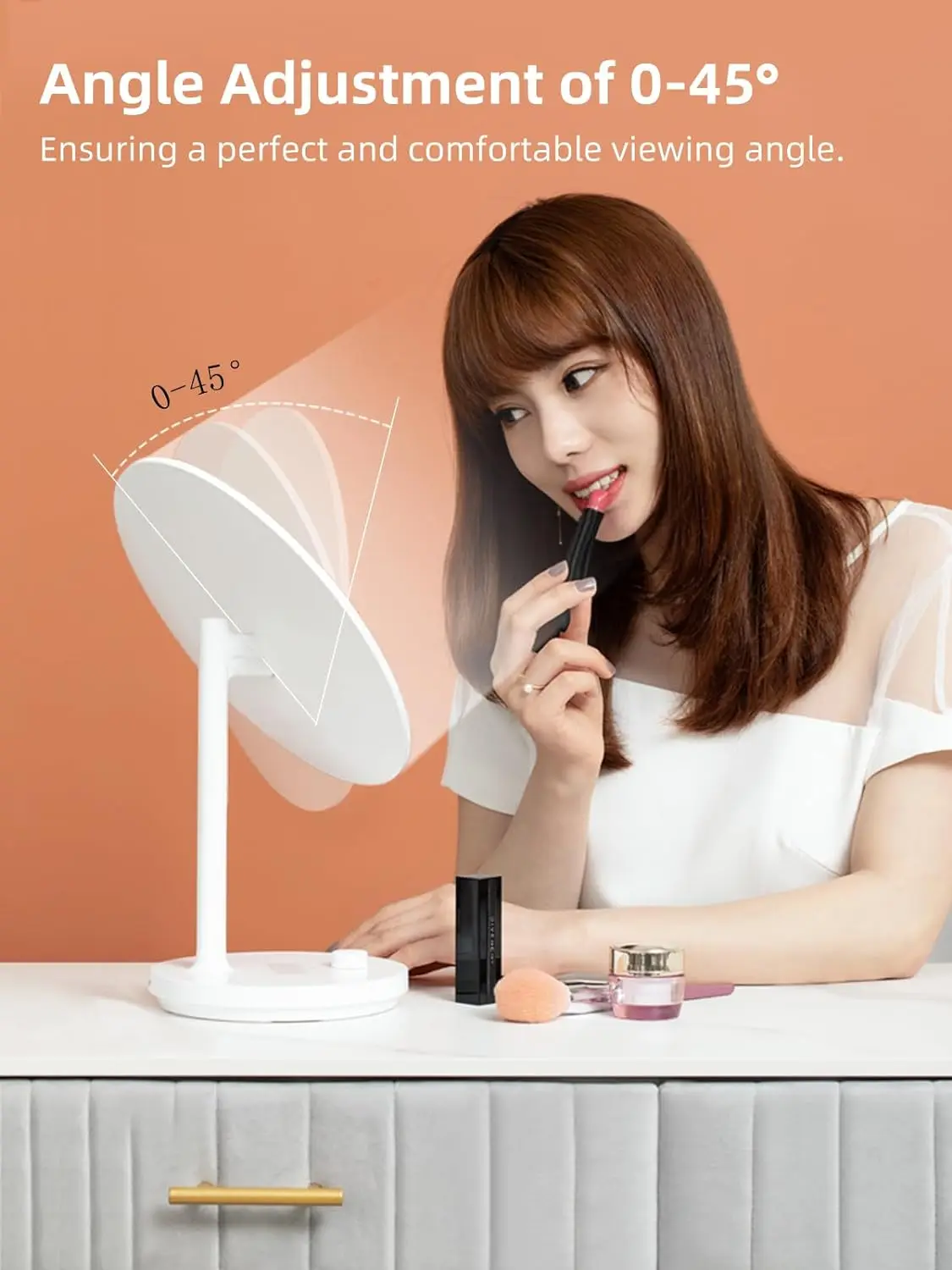 USB Rechargeable Modern Touch Screen Portable Makeup Mirror LED Cosmetic Vanity Mirror with 3 Color Lights for Travel