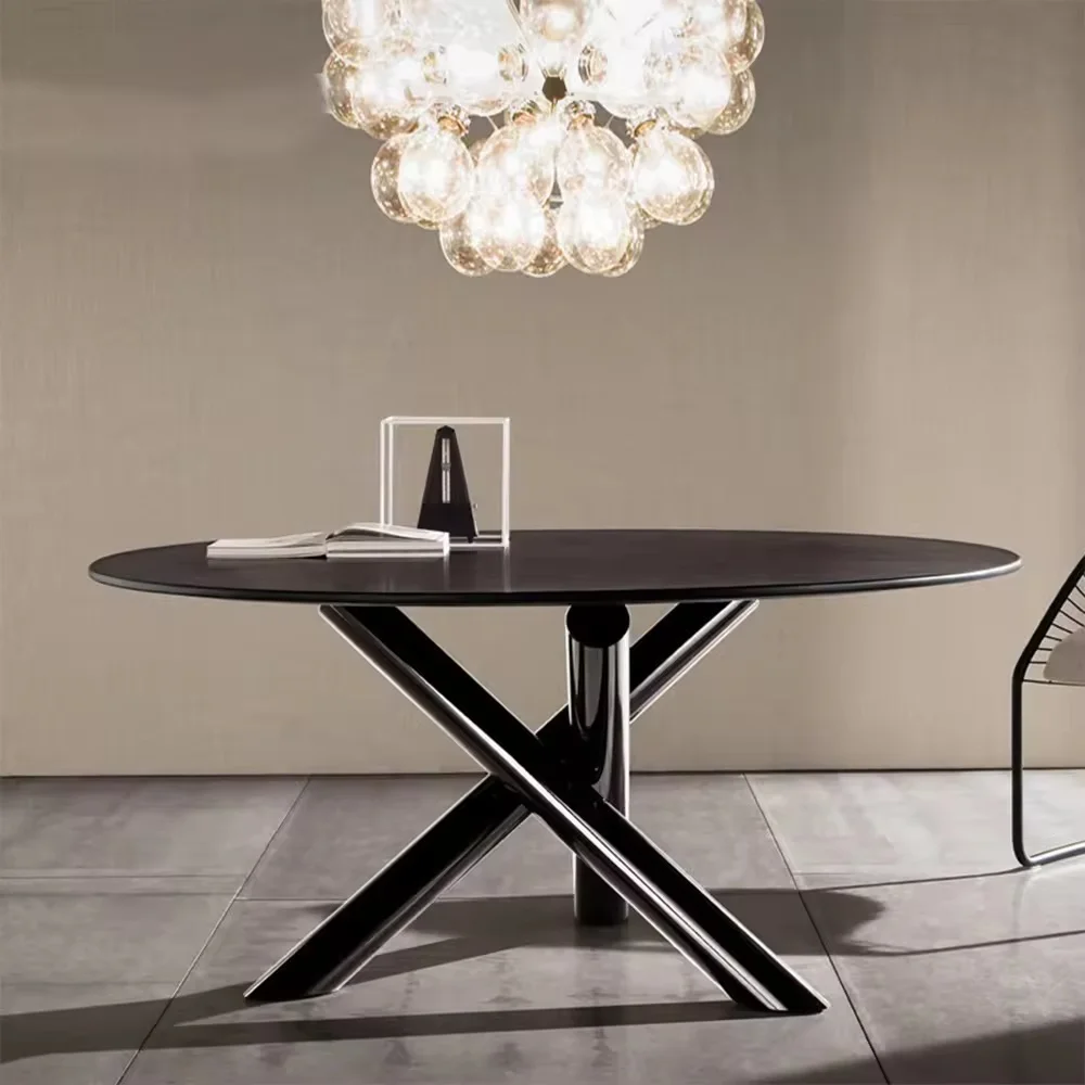 Modern Round Glass Dining Table | Designer Center Table with Chrome Cross Legs | Coffee Shop Dining Furniture