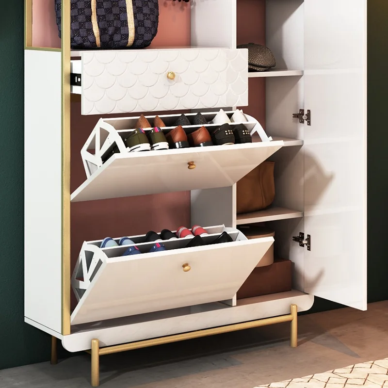 Modern Living Room Stainless Steel Frame Furniture Storage Luxury White Shoe Cabinet With Mirror