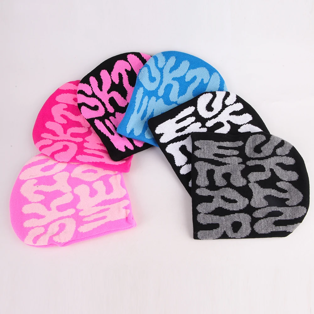Wholesale acrylic graphic design fashion winter warm knitted hat with full jacquard logo print custom skull beanie