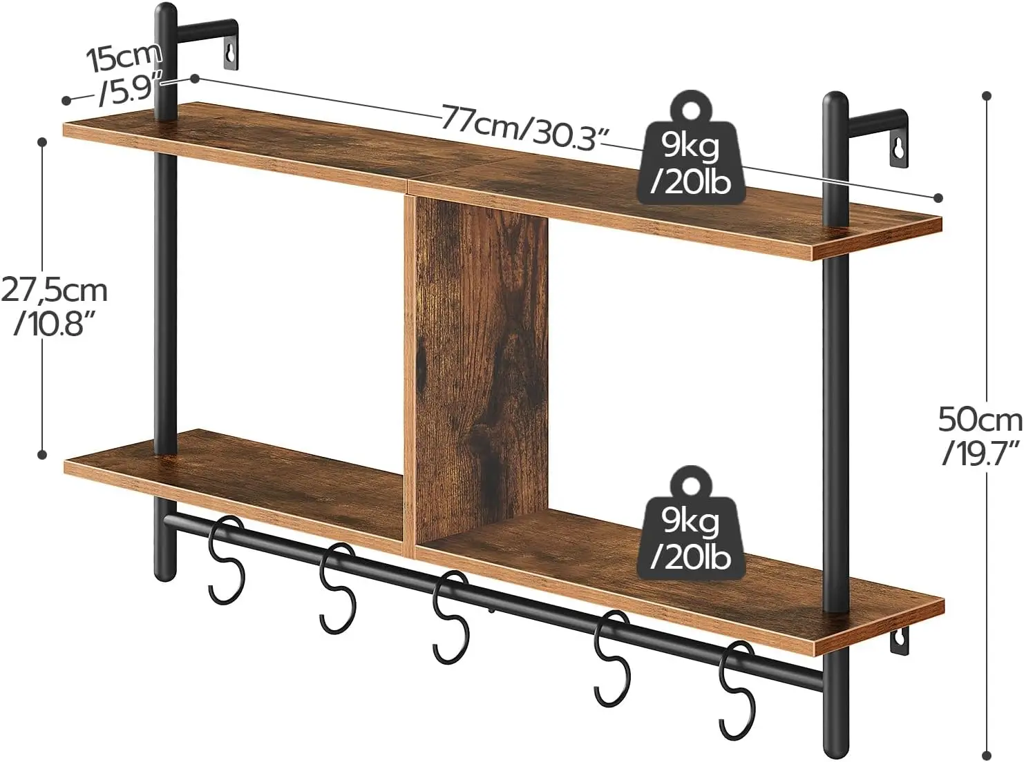 Zhongou Customized Floating Shelves Wooden 2-Tier Storage Wall Shelf Storage Rack with Hanging Rod for Living Room