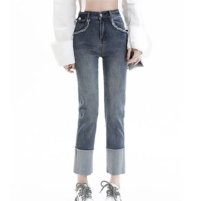 Vintage patchwork raw edge design nine-point pants to make new jeans slim for women