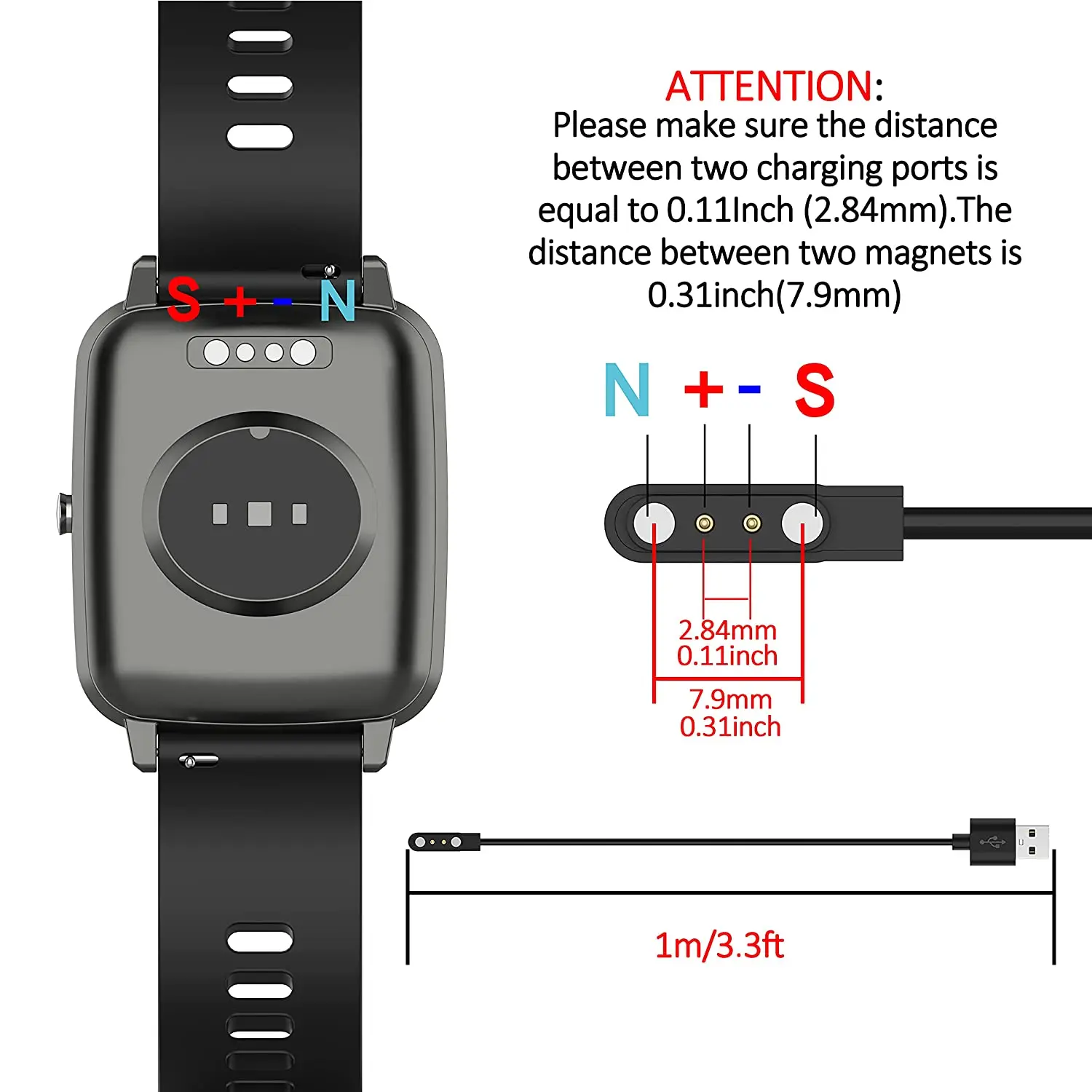 2PIN 2.84mm Smart Watch Magnetic USB Charging Cable