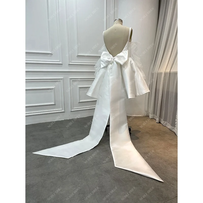 Women Short Satin Party Gowns Long Sleeves Civil Boat Neckline Mini Mikado Wear Princess Bridal Corset Wedding Dresses with Bow