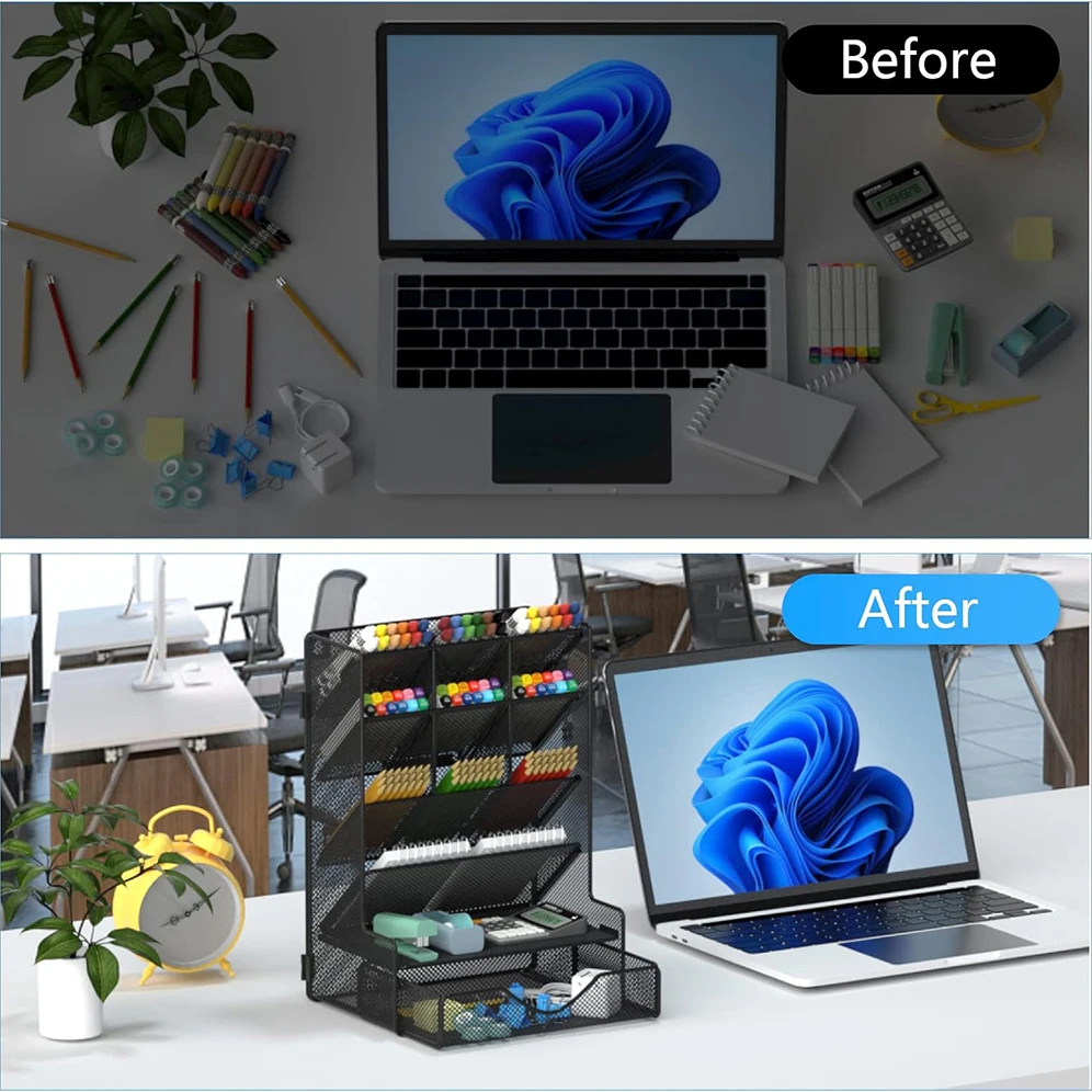 Black Pen Organizer Multi-Functional Metal Mesh Desk Storage Rack Organizer Wall Mount Pen Holder With Drawer