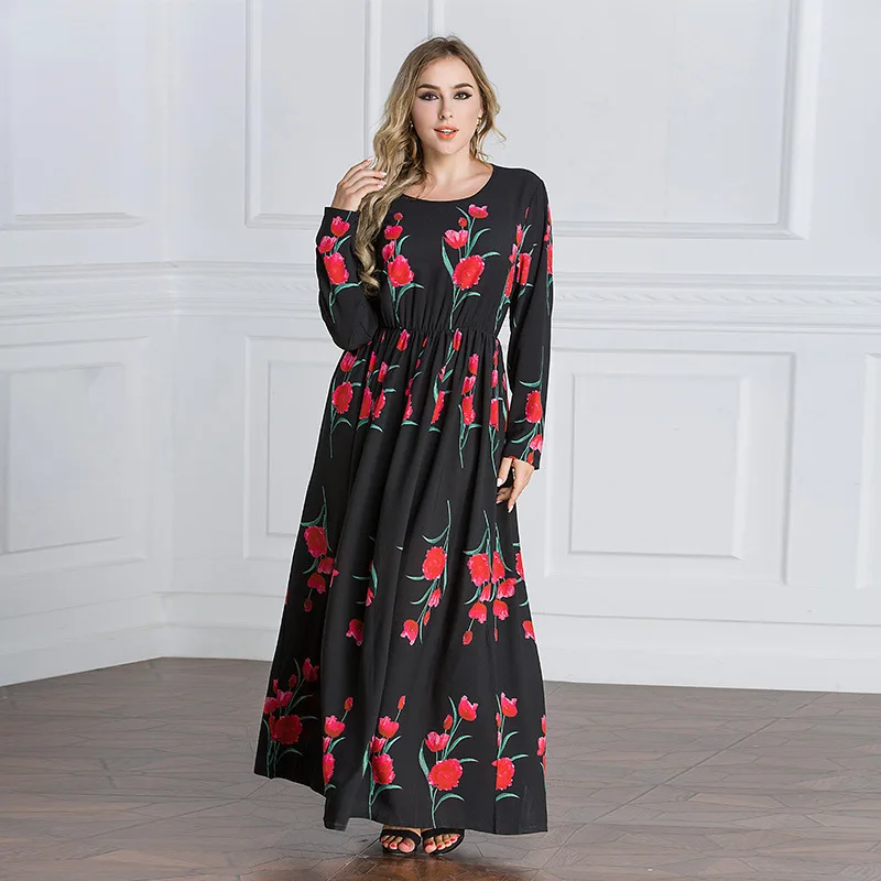 Plus size muslim long sleeve gown rose printed muslim woman dress latest burqa designs