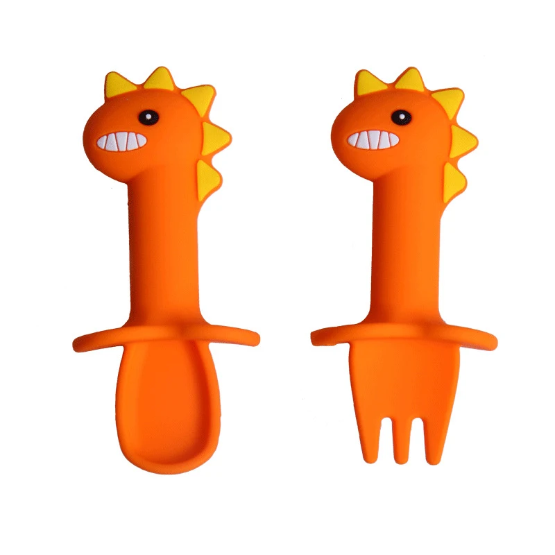 Dinosaur Cartoon Feeding Bowl Baby Silicone Spoon Split Plate Baby Eating Training Fork Silica Gel Children Yes Handle Fast Flow