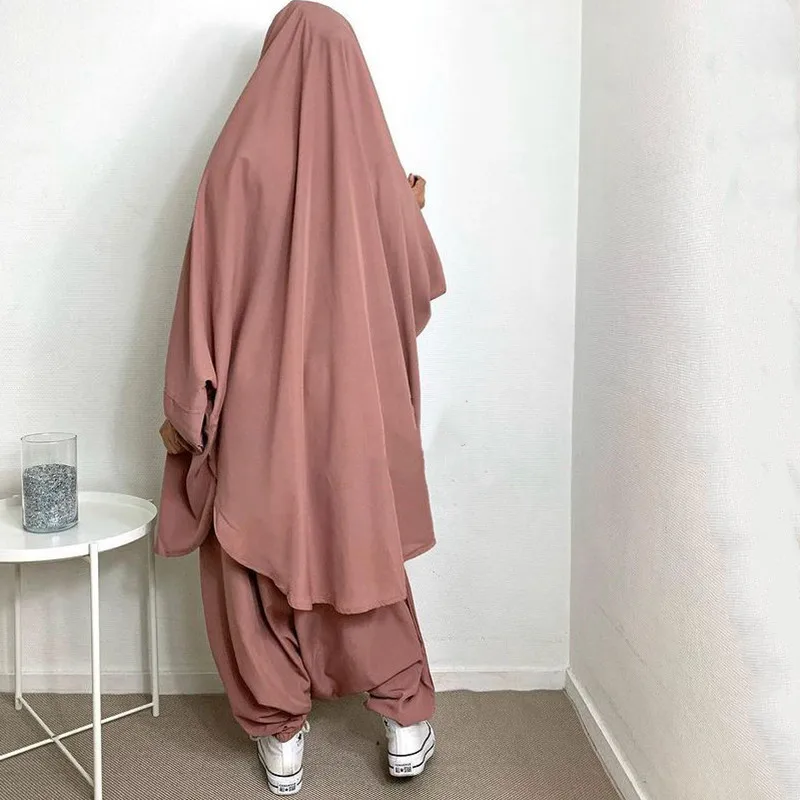 Solid/Basic Chador 2 Piece Hijab Pant Set Women Abaya Dubai Modest Abaya And Khimar Set