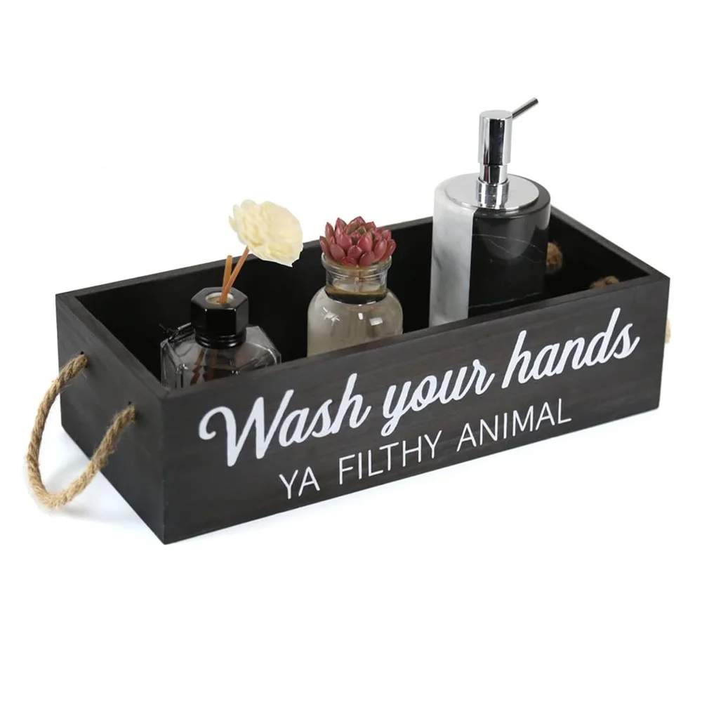 Rustic Black Wooden Planter Basket Storage Organizer Box | Customized Words Tank Holder Caddy With Rope