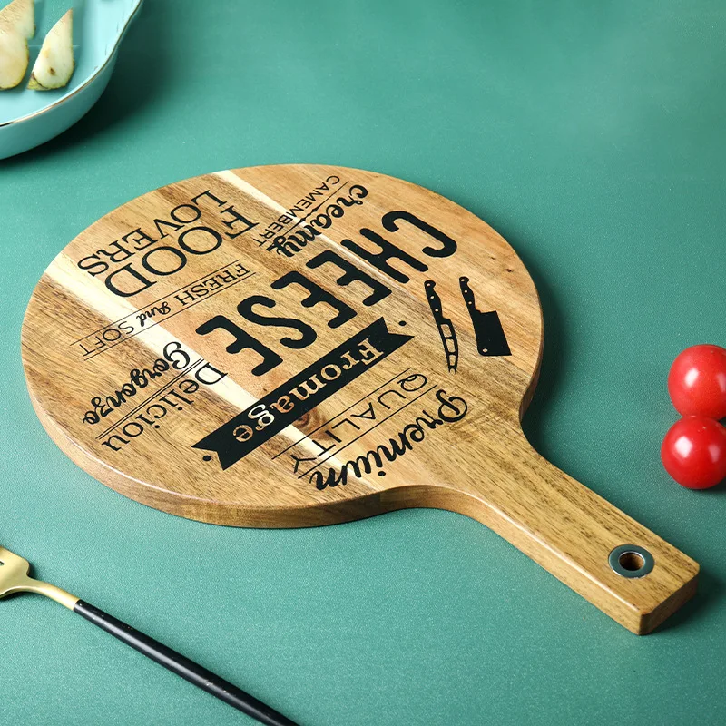 Yesjoy custom round Acacia cutting board with customized  hand writings and handle