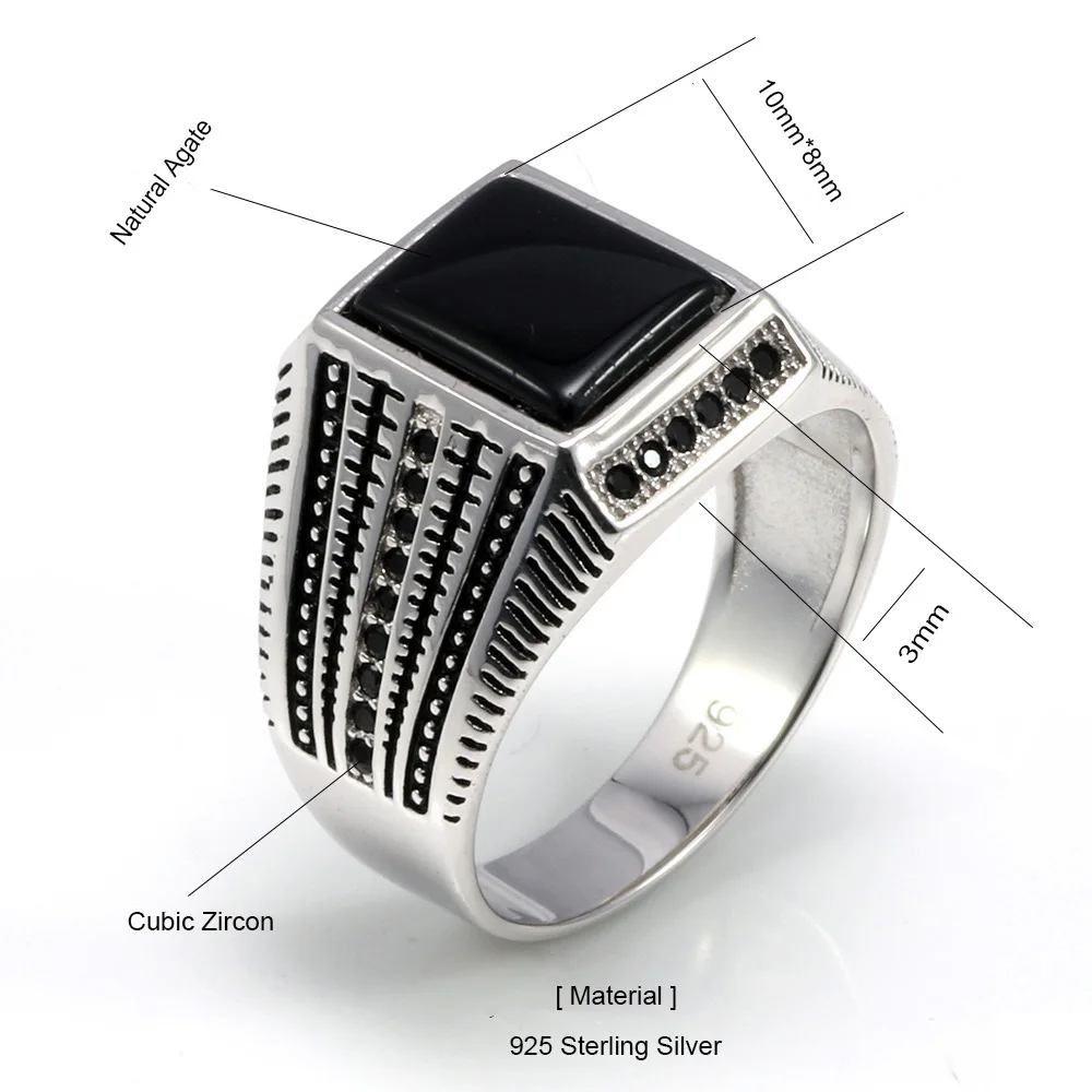 Black Green Red Natural Agate Stone Ring Square Shape Zirconia Inlaid Turkish Silver Men Rings Sterling Silver 925 Jewellery