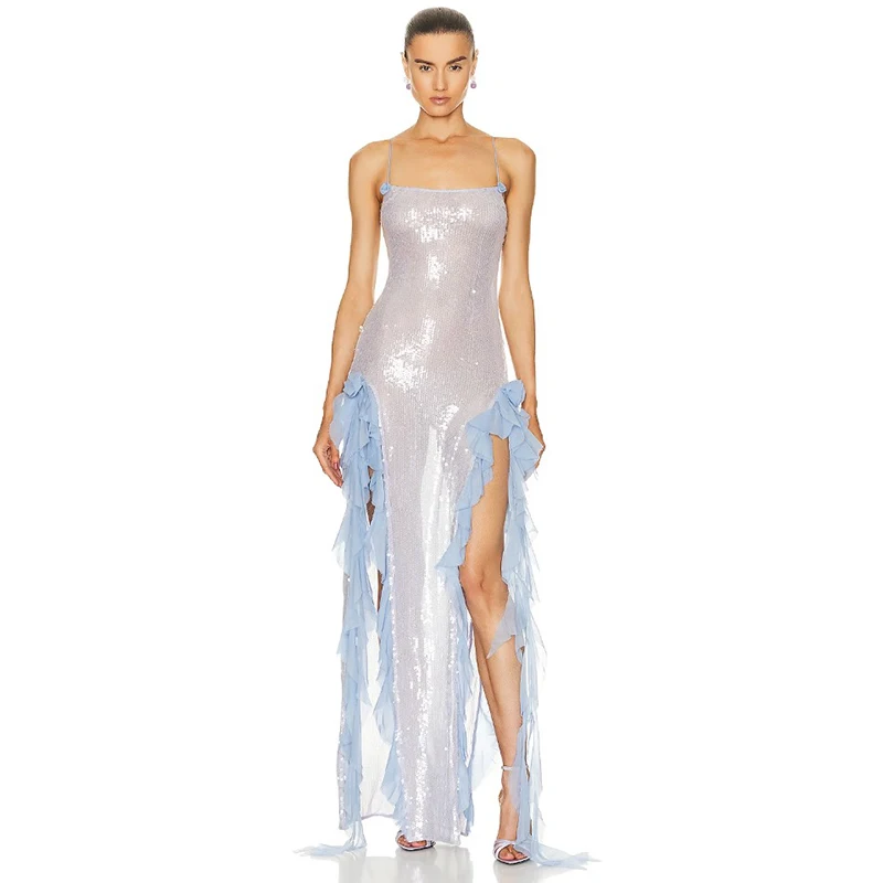 modest wedding glitter prom dresses 2023 evening gowns sexy Spaghetti Strap Glitter Ruffle side slit Maxi dress