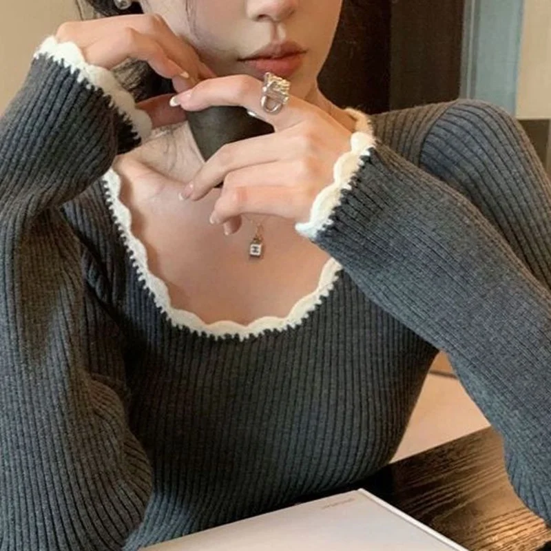 French Retro Solid Pattern Square Neck Exposed Collarbone Sweater for Women White Embroidery Lace Design Slim Knitwear Top