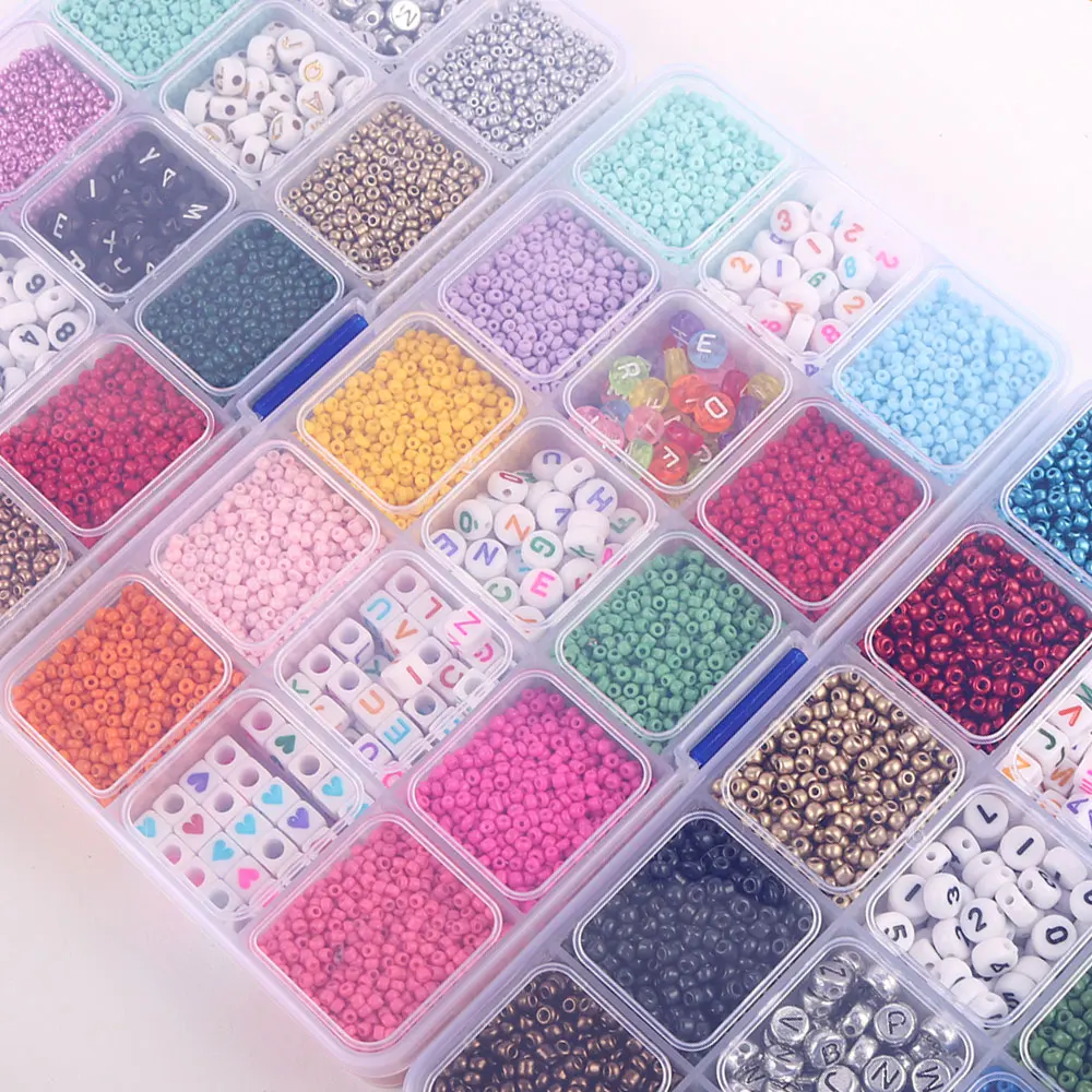1800pcs DIY 4mm Glass Beads Set 250pcs 6mm Round Square Acrylic Alphabet Letter Beads Glass Seed Beads