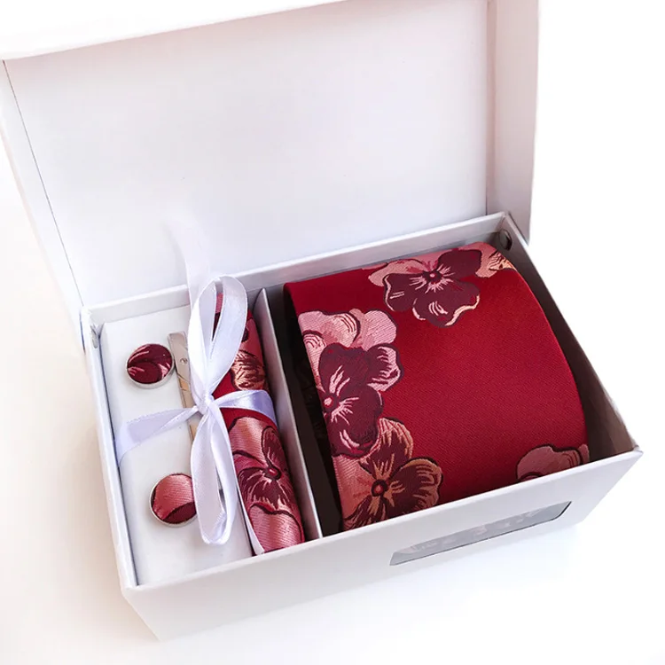 Fashion red mens necktie set cheap fabric silk necktie cufflinks tie pocket square with clips