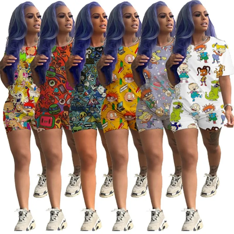 Женский спортивный комплект из двух предметов, белый бесшовный укороченный топ и велосипедные шорты с мультяшным принтом, Одежда большого размера для лета, 2020