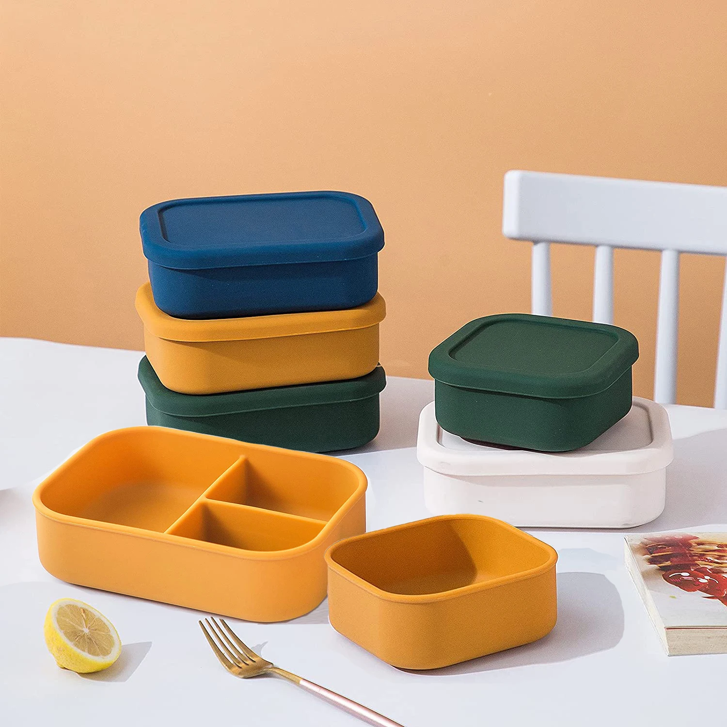 Wholesale 3 Compartments Silicone Bento Box Kitchen School Food Portable Container Storage Food Grade Silicone Lunch Bento Box