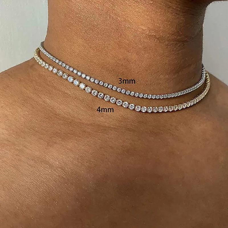 Hip Hop Iced Out Zircon Copper Necklace For Men Women Gold Silver Full Diamond Tennis Chain Necklace