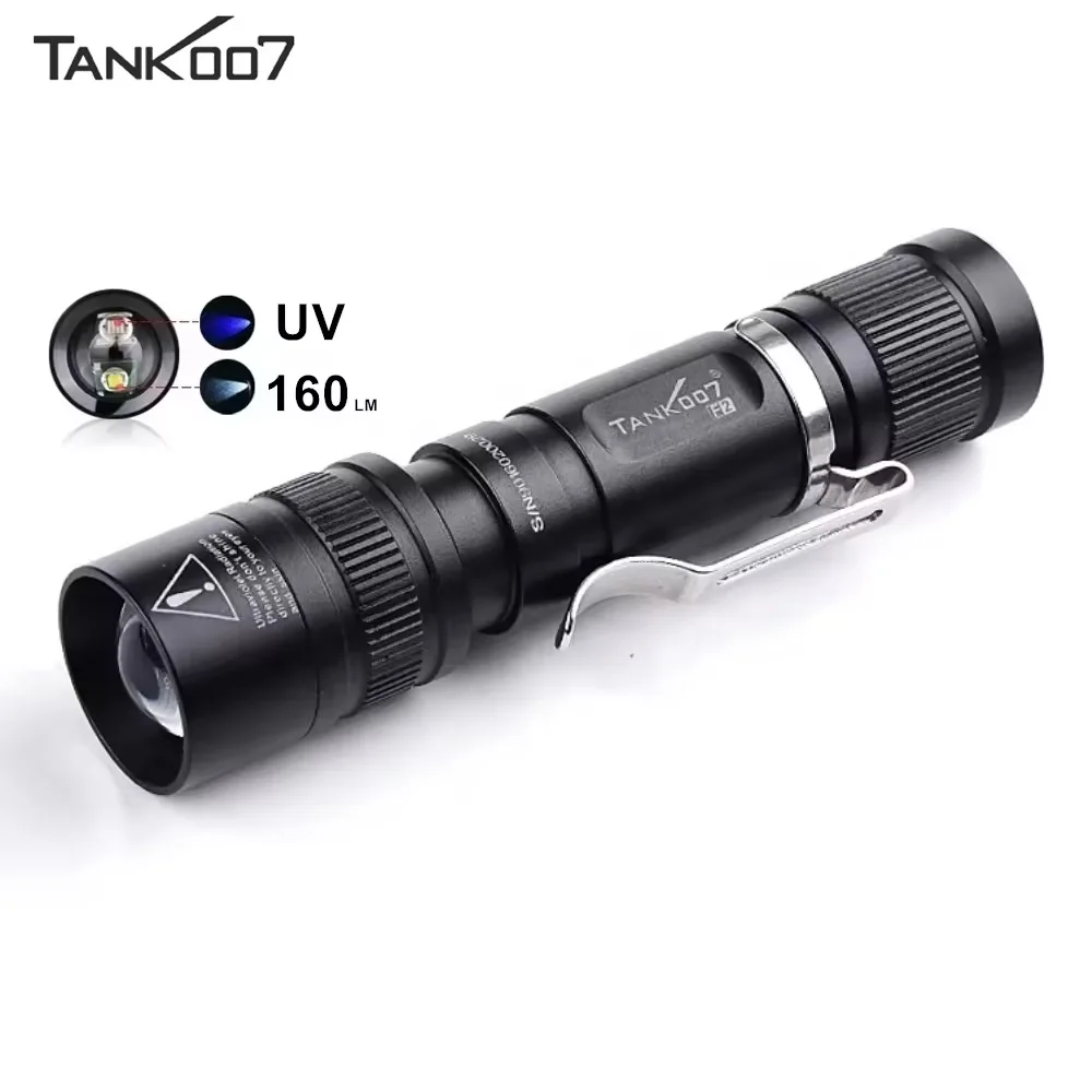 Tank007 Pocket flashlight Mini zoomable dual light 365nm uv flash light Ultraviolet EDC flashlight LED linternas
