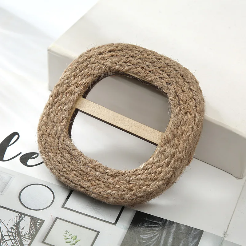 Creative dyeing colors rattan straw round buckle handmade wooden rattan woven square belt buckle